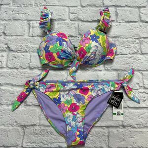California Waves Juniors' Boho Floral 2pc Bikini Ruffle Side Tie Underwire L New